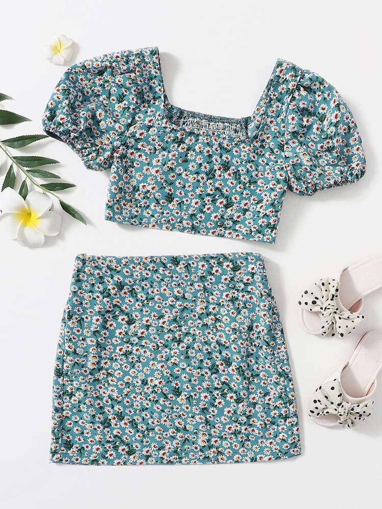 Ditsy Floral Regular Fit Multicolor Short Sleeve Girls Two-piece Outfits 814