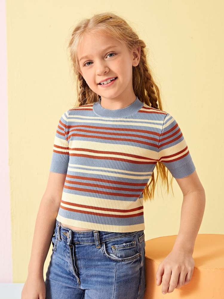 Slim Fit Round Neck Multicolor Striped Girls Clothing 4658