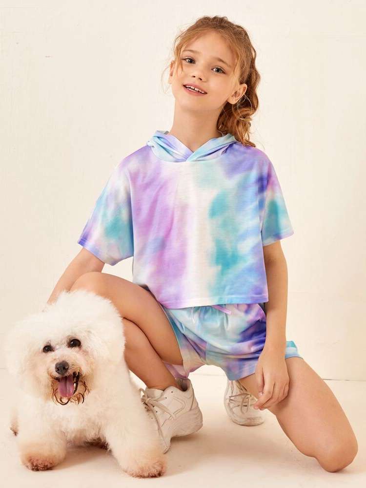 Multicolor Knot Tie Dye Casual Girls Two-piece Outfits 638