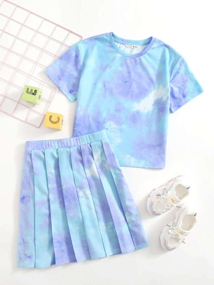 Short Sleeve Pleated Tie Dye Round Neck Girls Two-piece Outfits 350