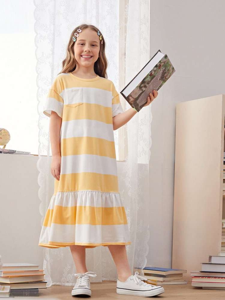 Ruffle Hem Multicolor Round Neck Colorblock Girls Dresses 8808