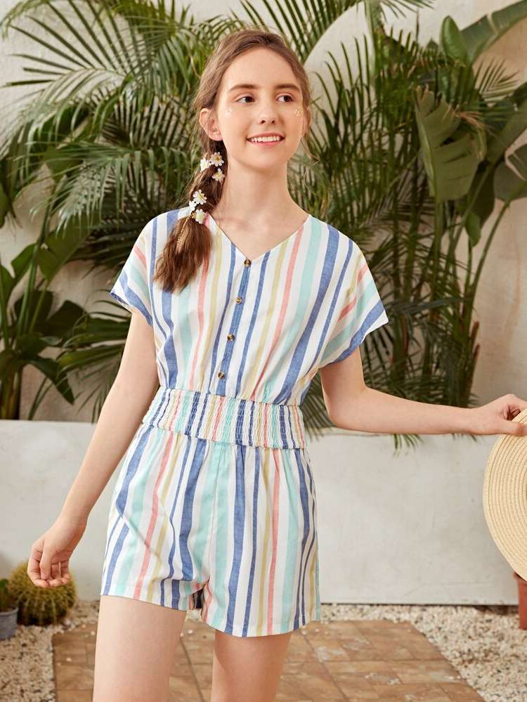 Shirred V neck Short Rainbow Stripe Girls Jumpsuits 4285