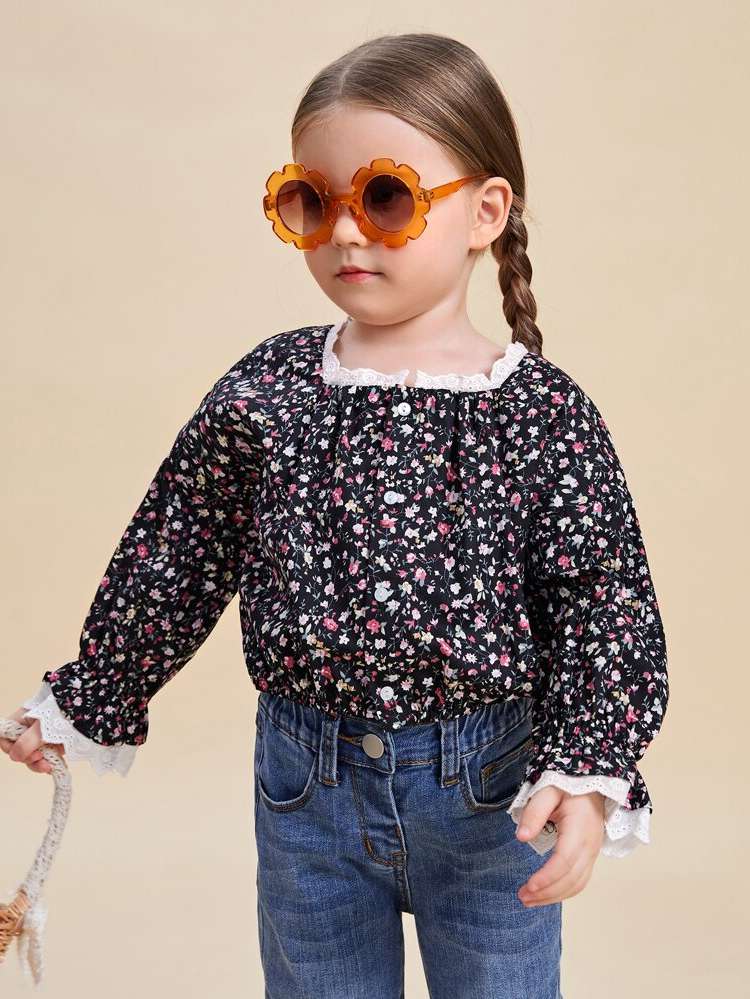 Regular Long Sleeve Ditsy Floral Contrast Lace Toddler Girls Tops 9602