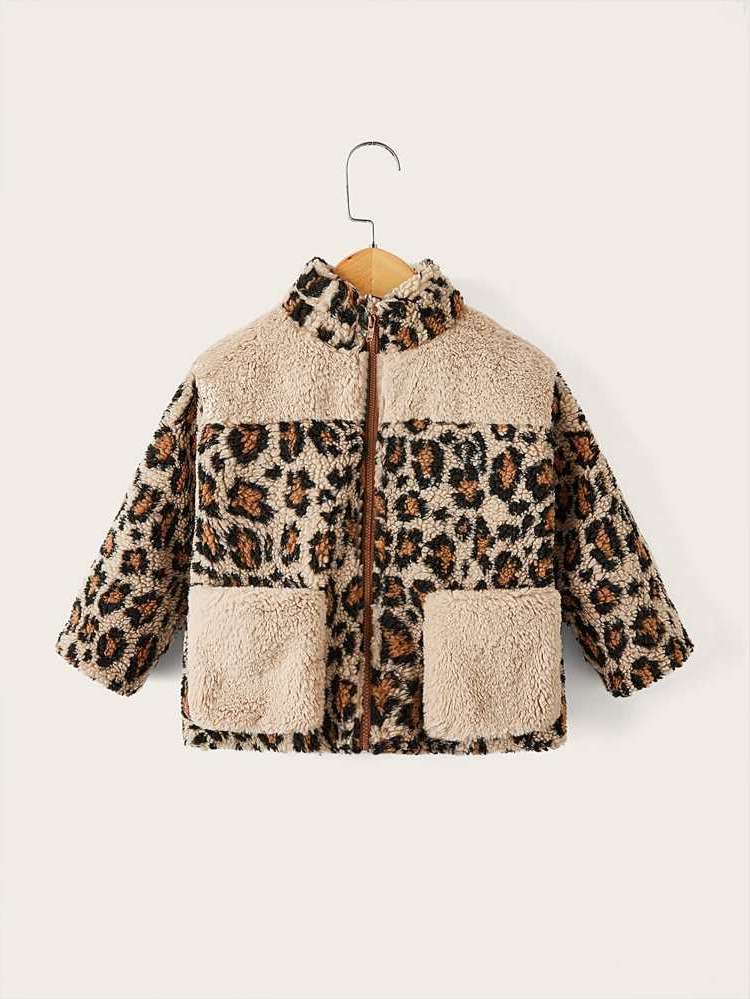 Casual Leopard Pocket Stand Collar Toddler Girls Outerwear 488