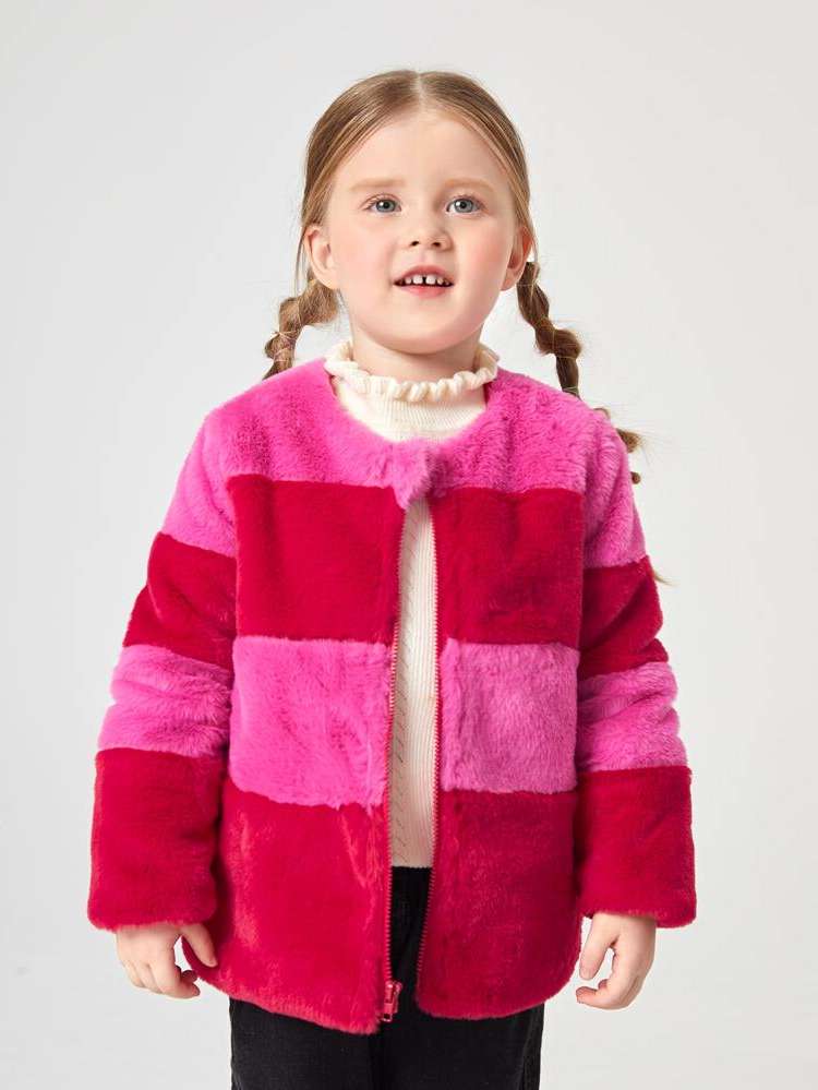 Colorblock Glamorous Zipper Round Neck Toddler Girls Outerwear 5981