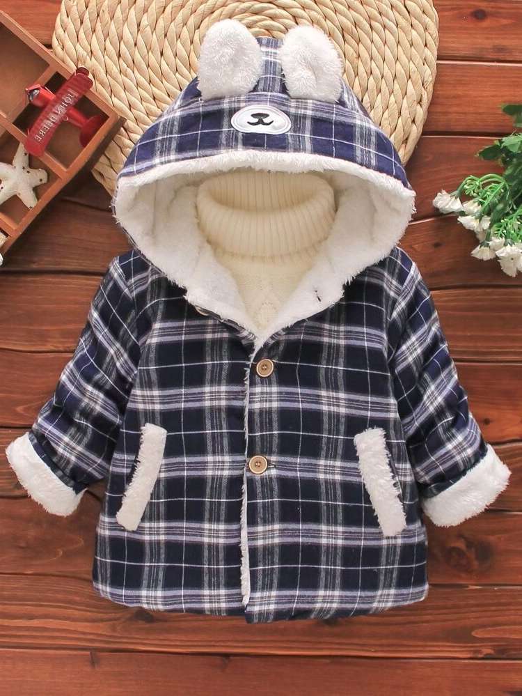 Patched Short Plaid Long Sleeve Toddler Boys Clothing 5418