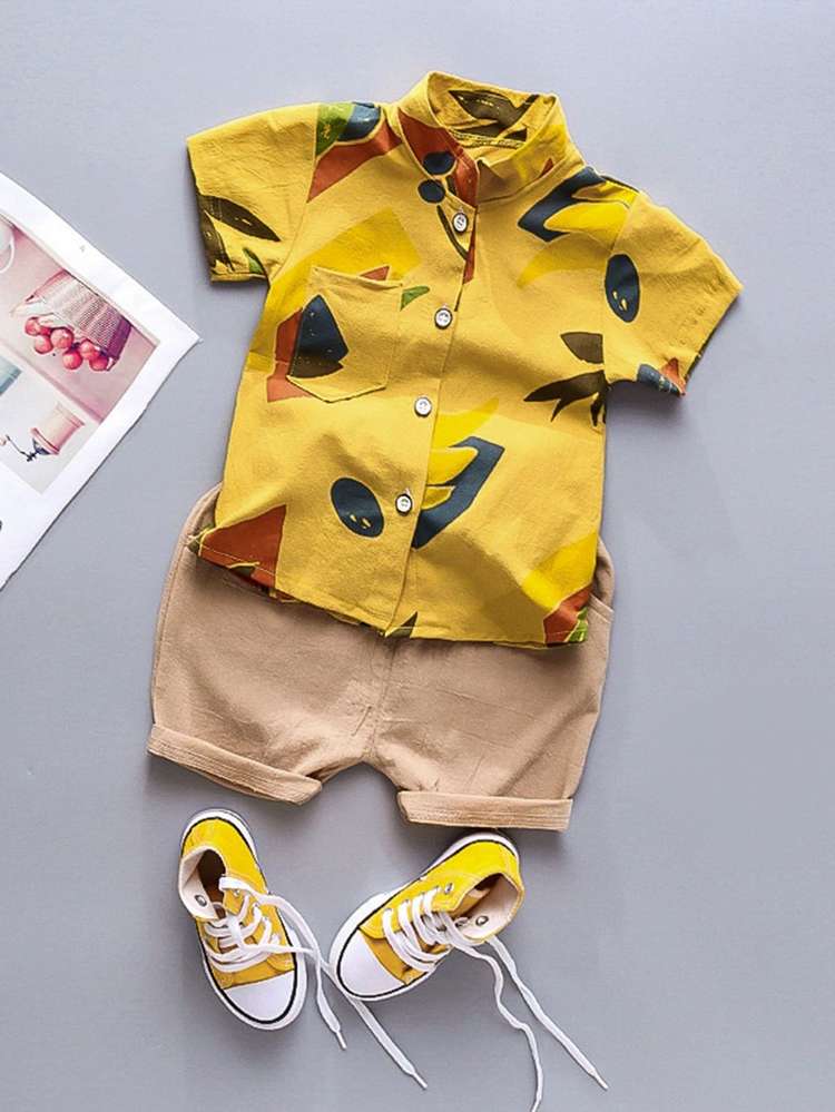 Stand Collar Short Sleeve Regular Fit Toddler Boy Two-piece Outfits 4955