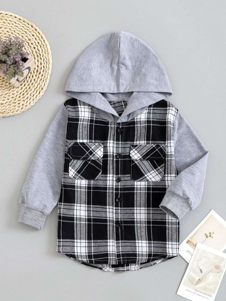 Regular Fit Preppy Hooded Pocket Kids Clothing 7344