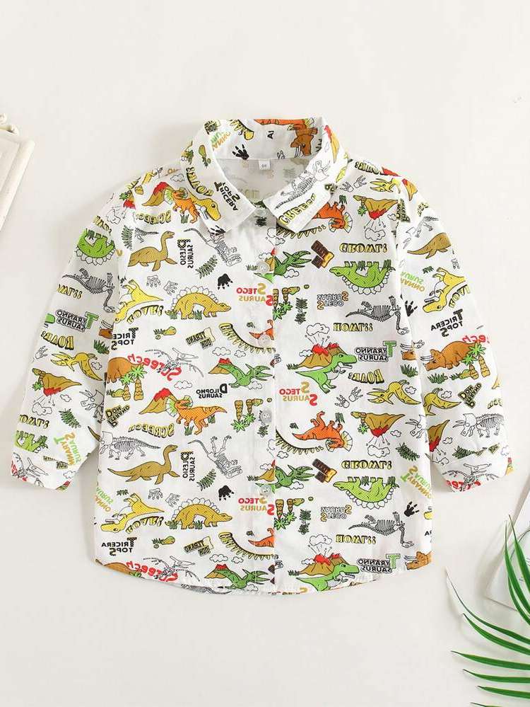 Multicolor Dinosaur Regular Long Sleeve Toddler Boys Tops 518