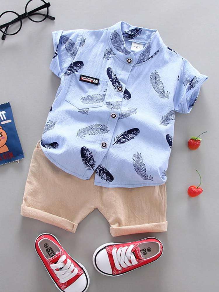 Patched Short Sleeve Multicolor Stand Collar Toddler Boys Clothing 7323