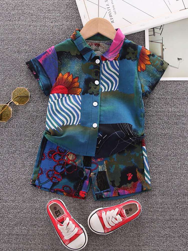 Button Front Graphic Boho Toddler Boys Clothing 634