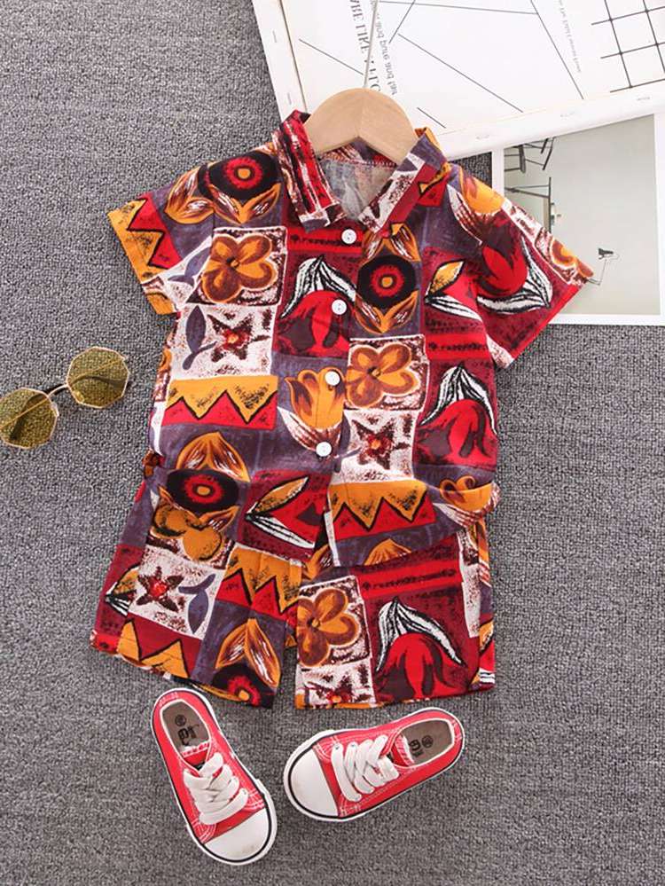 Regular Fit Graphic Multicolor Short Sleeve Kids Clothing 7751