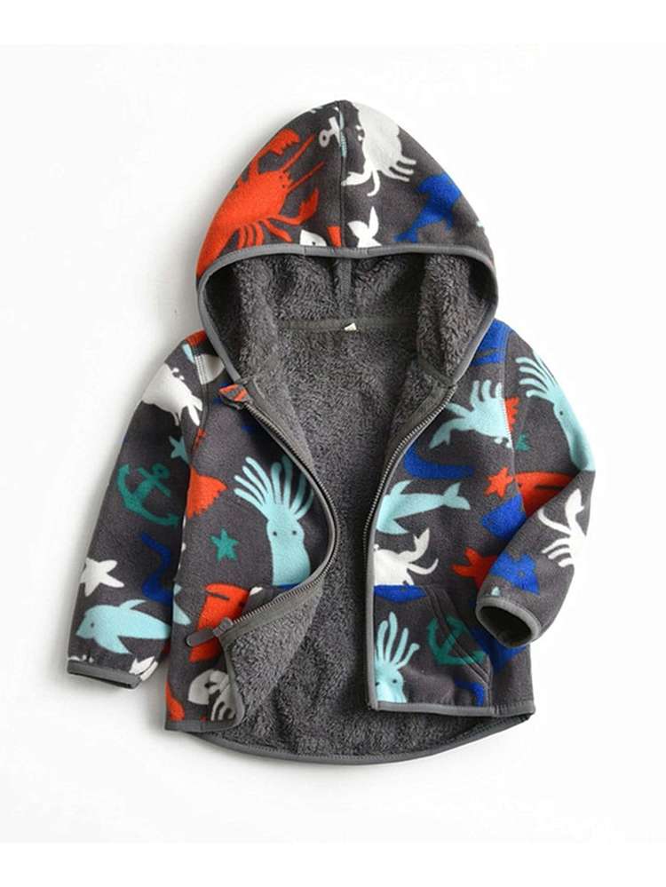  Cartoon Contrast Binding Hooded Toddler Boys Outerwear 1984