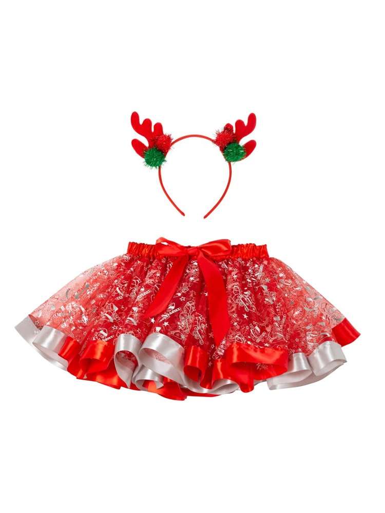 Short Christmas Multicolor Contrast Mesh Toddler Girl Partywear 3617