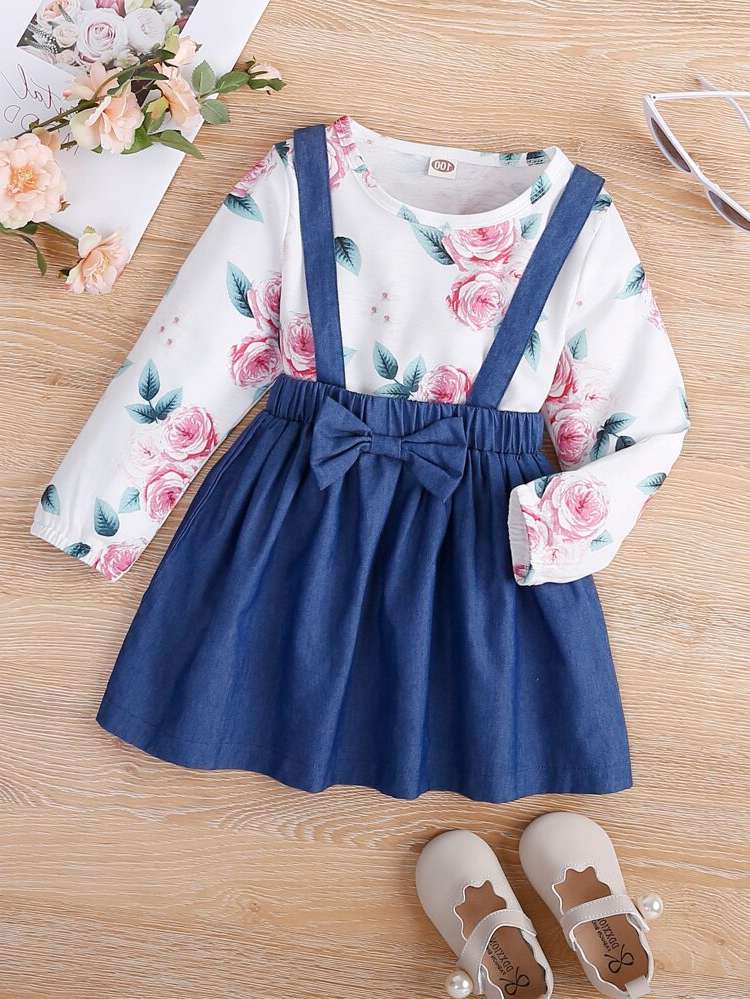 Multicolor Bow Floral Toddler Girl Two-piece Outfits 6457