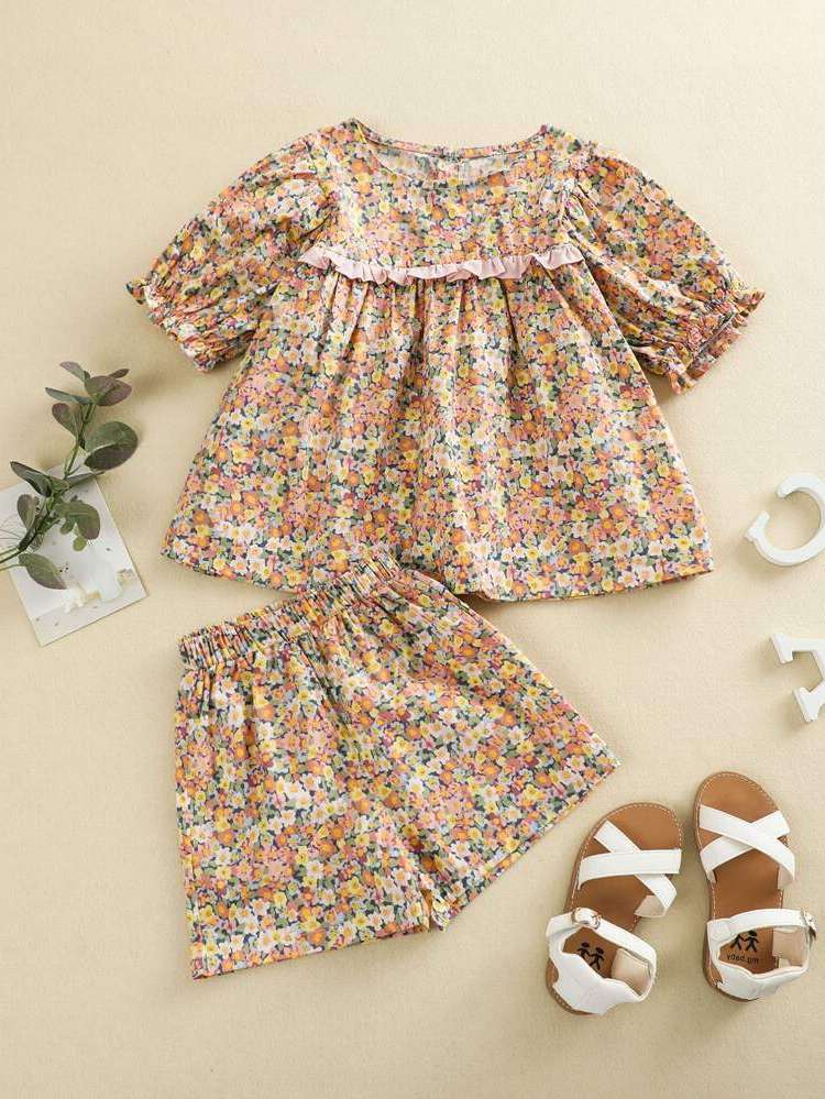  Half Sleeve Regular Fit Floral Toddler Girl Two-piece Outfits 6712