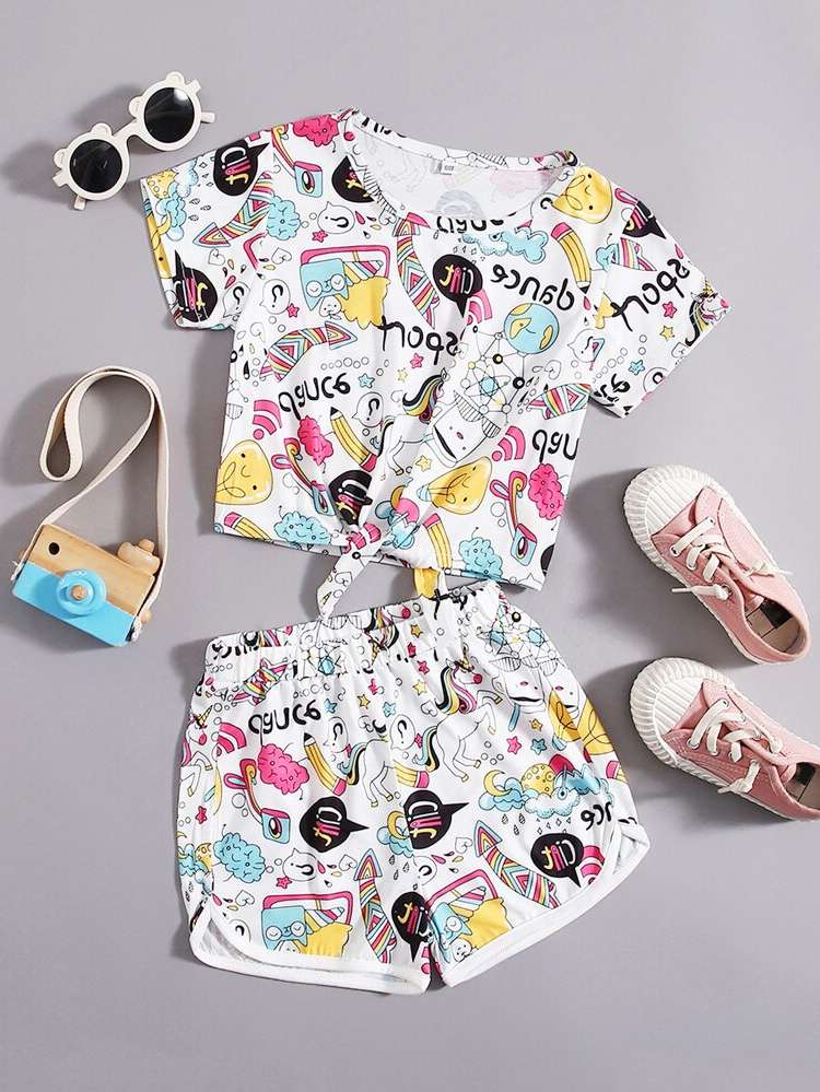  Short Sleeve Round Neck Multicolor Toddler Girls Clothing 2879