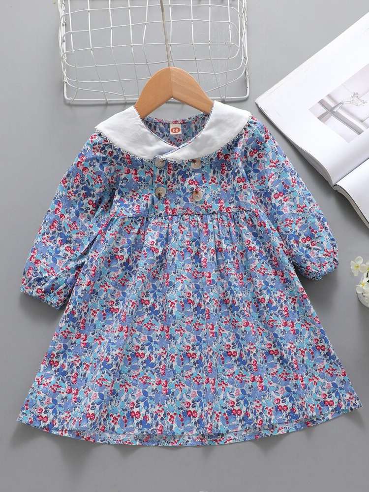 Loose Collar Midi Ditsy Floral Toddler Girl Dresses 321