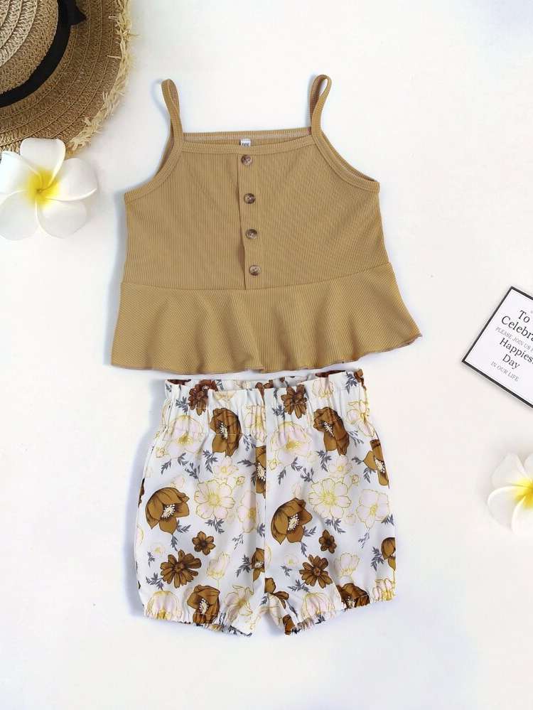 Sleeveless Ruffle Hem Floral Regular Fit Toddler Girl Two-piece Outfits 5326