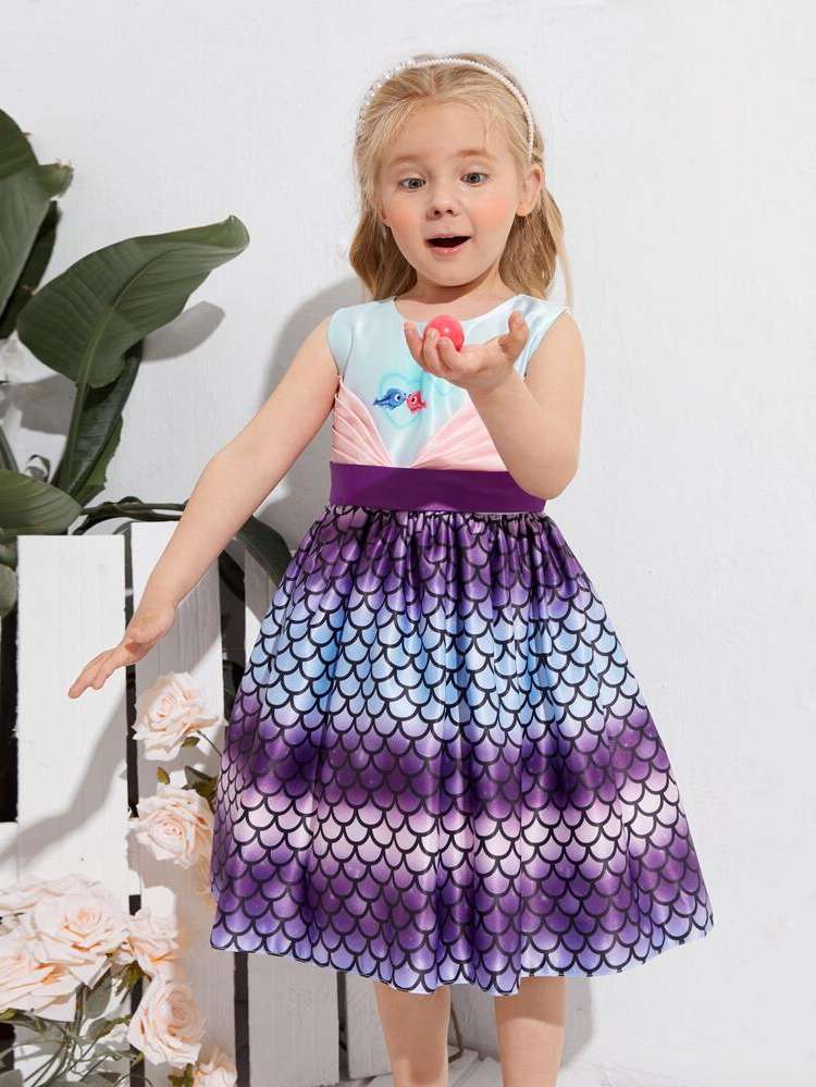 Knee Length Glamorous Round Neck Multicolor Toddler Girls Clothing 4558