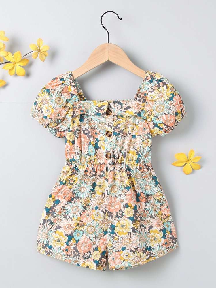 Boho Multicolor Square Neck Floral Toddler Girl Jumpsuits 5959