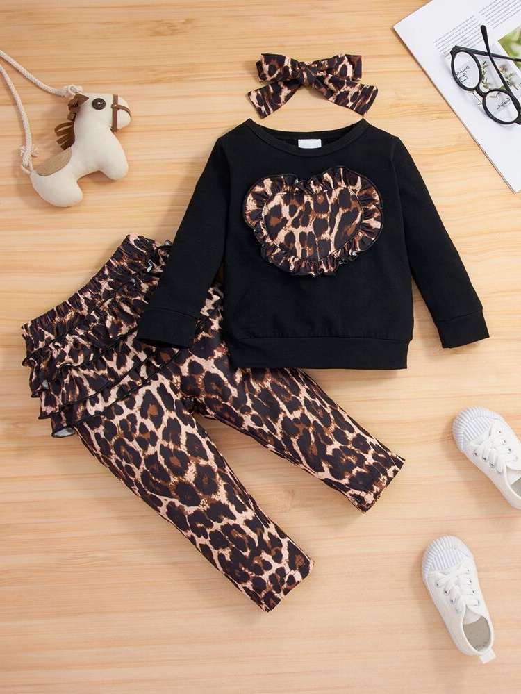 Casual Leopard Long Sleeve Round Neck Toddler Girls Clothing 7286