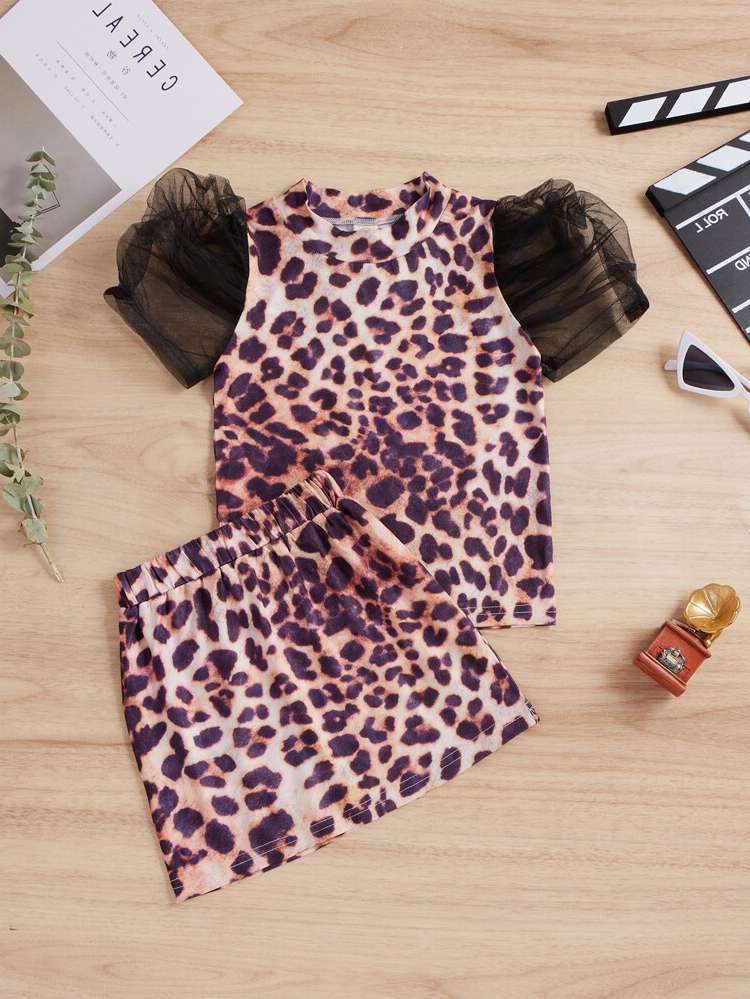 Contrast Mesh Dressy Leopard Short Sleeve Kids Clothing 8030