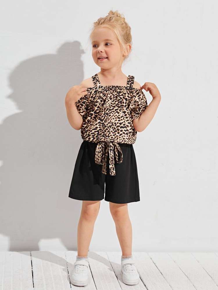 Leopard Casual Short Sleeve Toddler Girls Clothing 2834