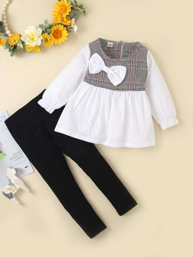 Round Neck Plaid Long Sleeve Toddler Girl Two-piece Outfits 3386