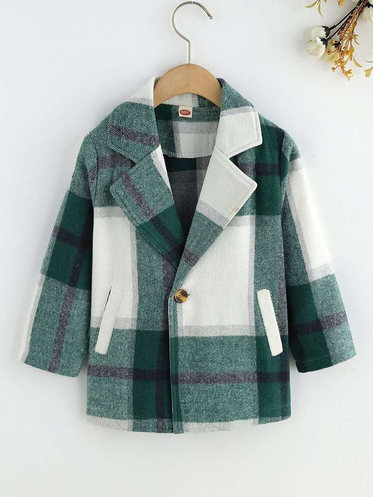 Button Plaid Long Sleeve Lapel Toddler Girls Outerwear 5890