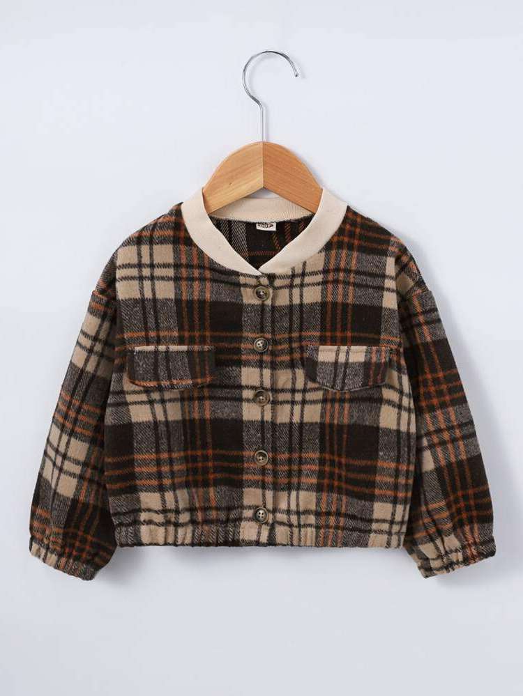 Pocket Plaid Long Sleeve Toddler Girls Outerwear 4108