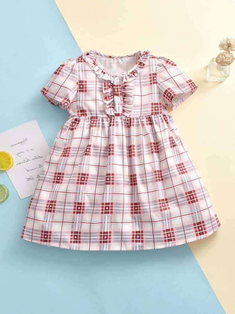 Regular Fit Round Neck Short Sleeve Plaid Toddler Girls Clothing 87