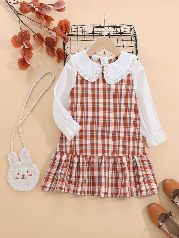 Tartan Long Sleeve Contrast Collar Peter Pan Collar Toddler Girl Dresses 3523