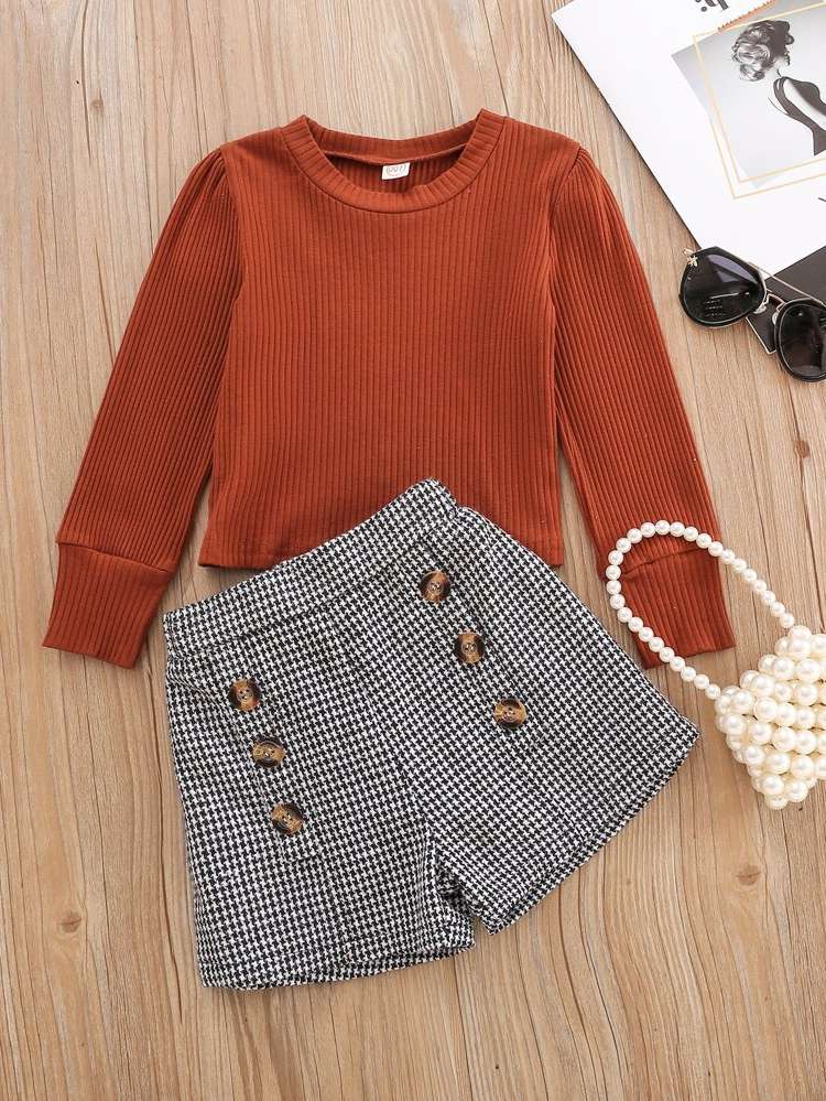 Round Neck Long Sleeve Houndstooth Regular Fit Kids Clothing 9818