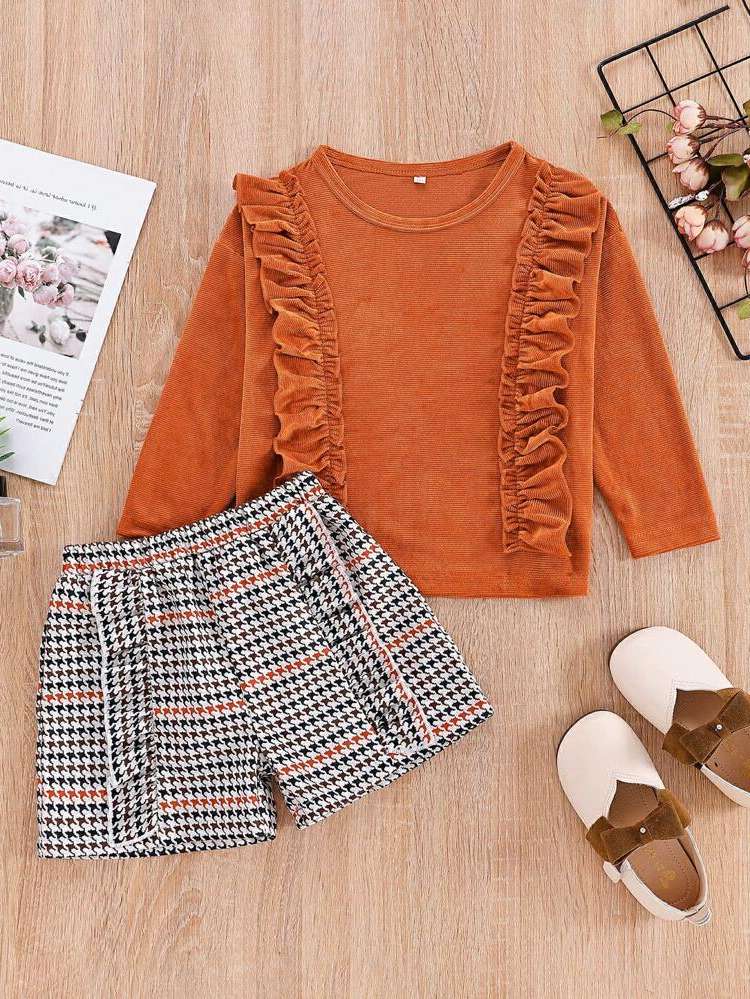 Cute Long Sleeve Houndstooth Toddler Girl Two-piece Outfits 4260