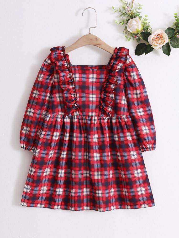 Preppy Long Sleeve Plaid Square Neck Toddler Girl Dresses 2483