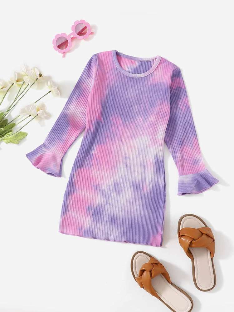 Regular Fit Multicolor Round Neck Tie Dye Toddler Girl Dresses 6231