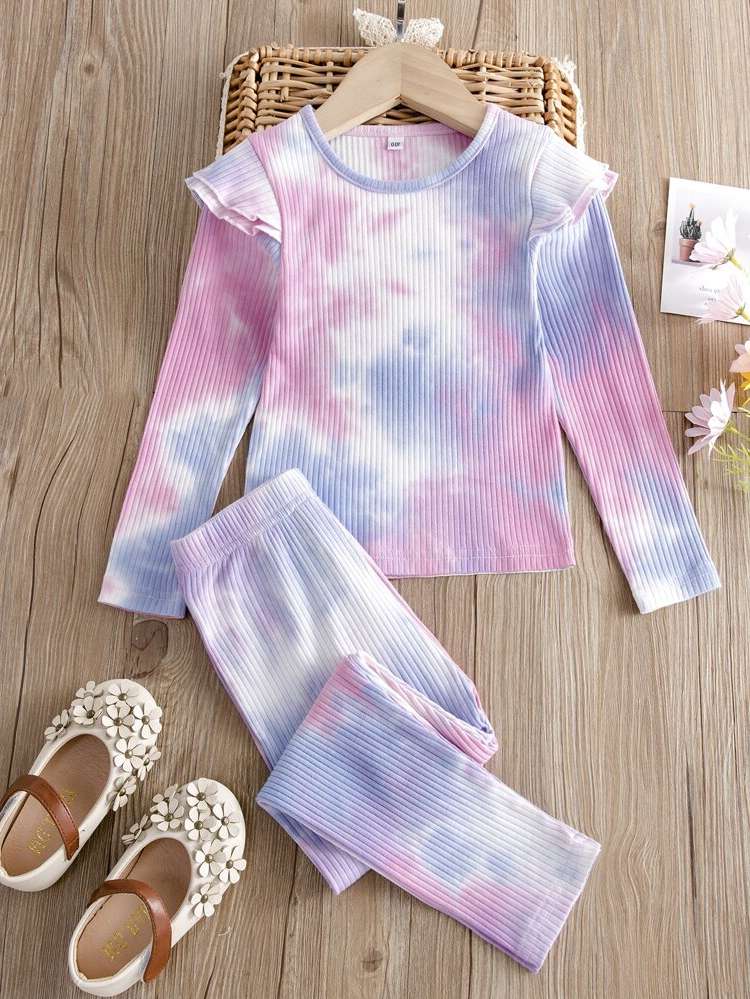 Tie Dye Long Sleeve Regular Fit Ruffle Kids Clothing 5098