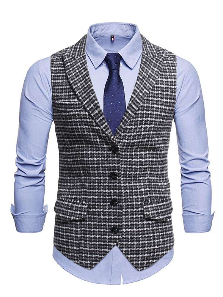 Houndstooth Lapel Button Front Men Clothing 682