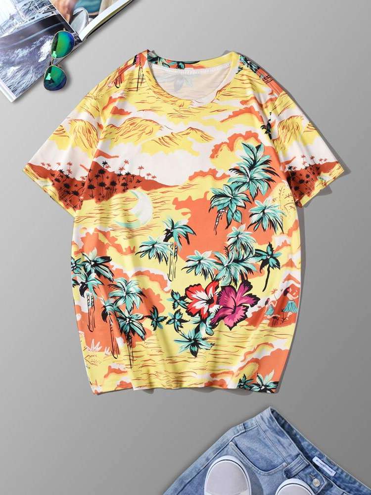  Multicolor Landscape Print Short Sleeve Men Tops 3546