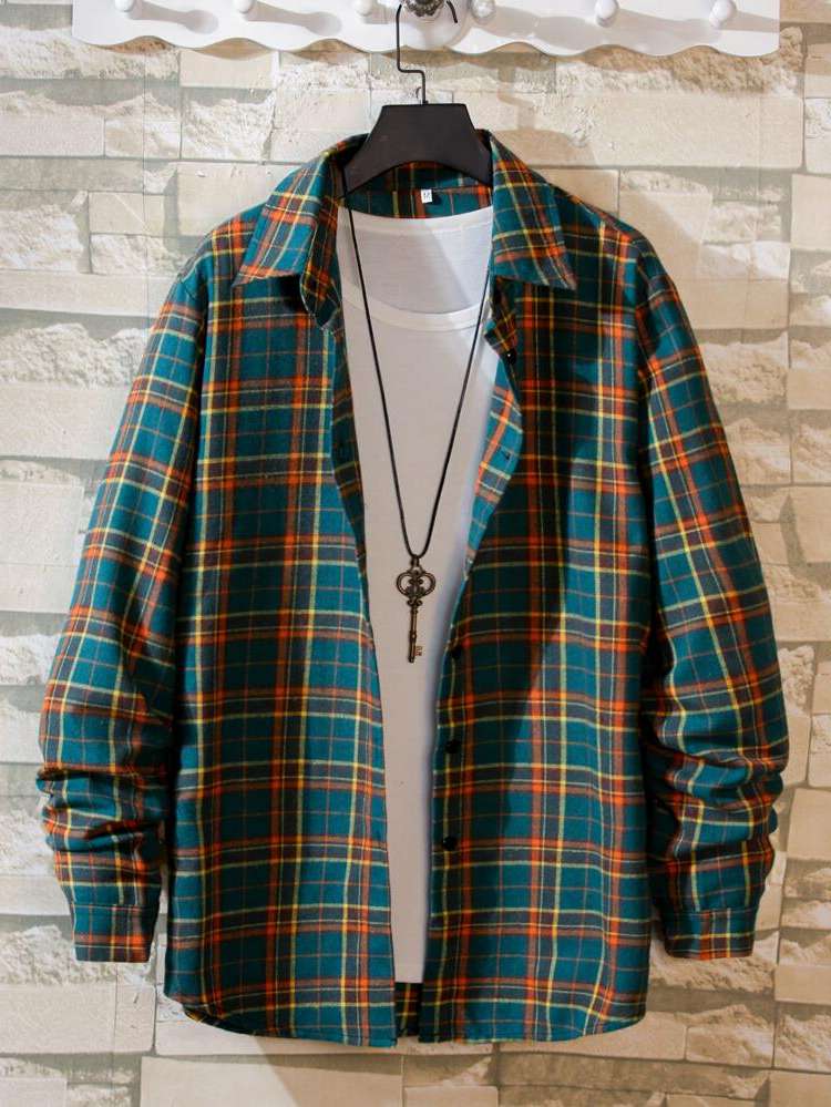 Plaid Button Front Long Sleeve Men Tops 2808