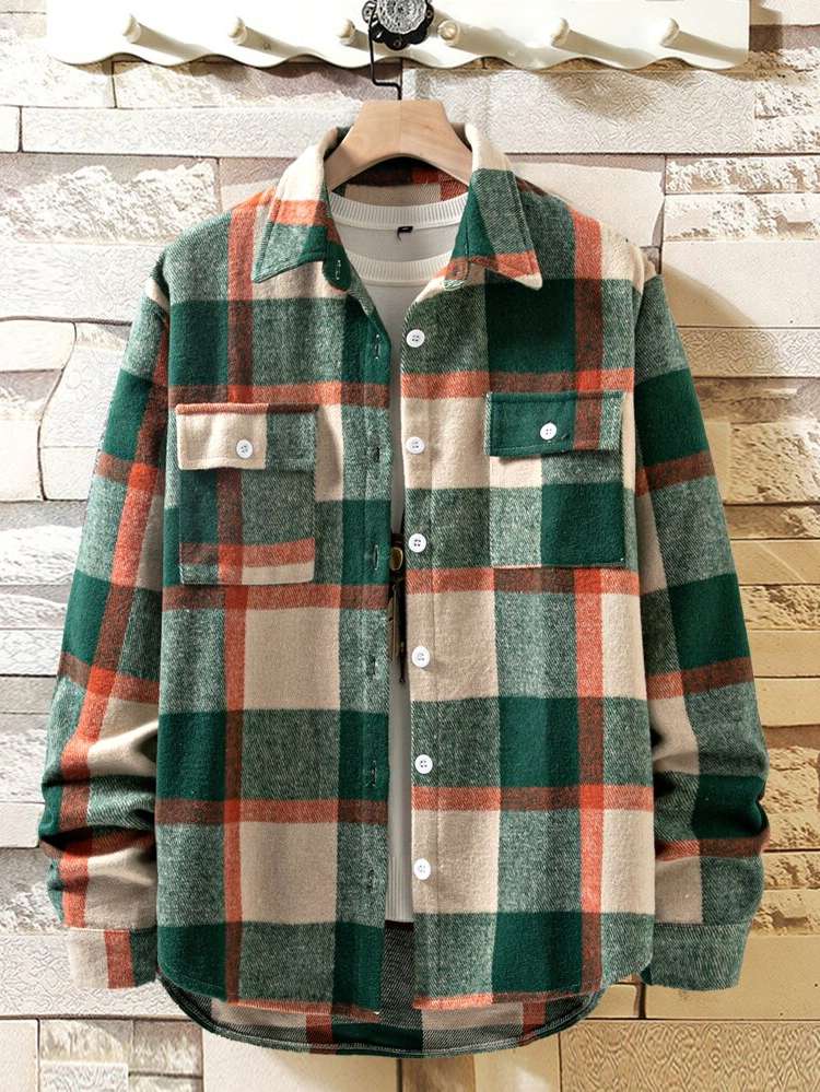 Pocket Plaid Long Sleeve Regular Fit Men Outerwear 285