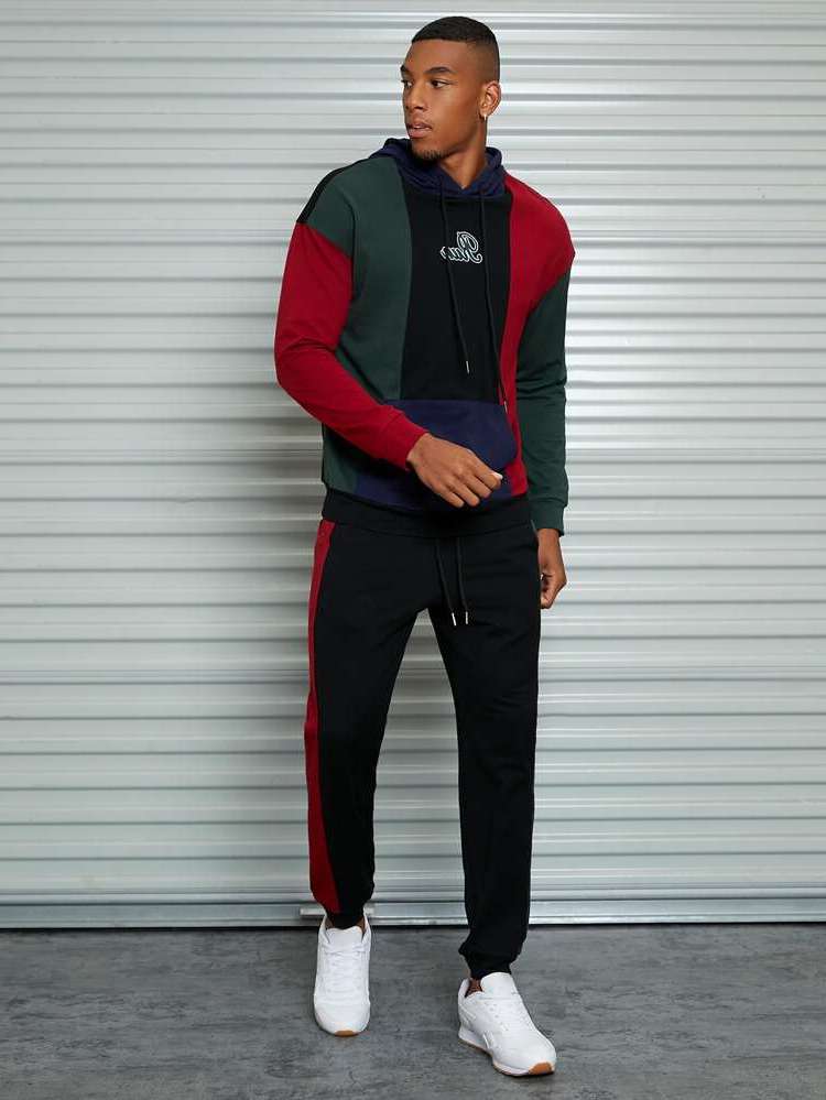 Drawstring Colorblock Long Sleeve Men Two-piece Outfits 547