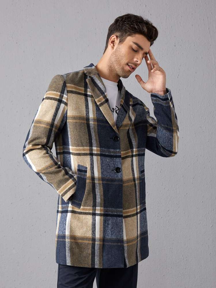 Short Plaid Long Sleeve Lapel Men Overcoats 9547