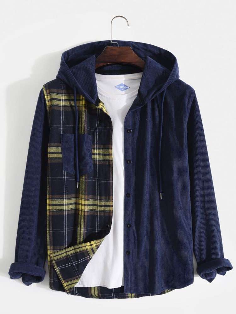 Hooded Plaid Drawstring Men Outerwear 9698