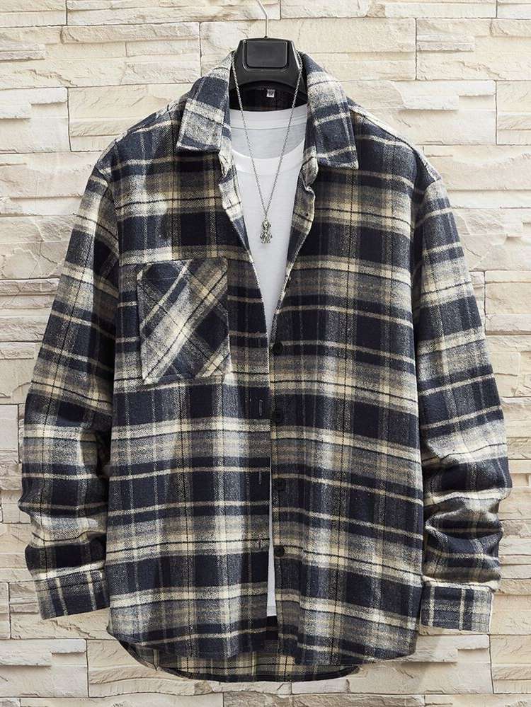 Plaid Long Sleeve Button Front Regular Fit Men Coats 8326