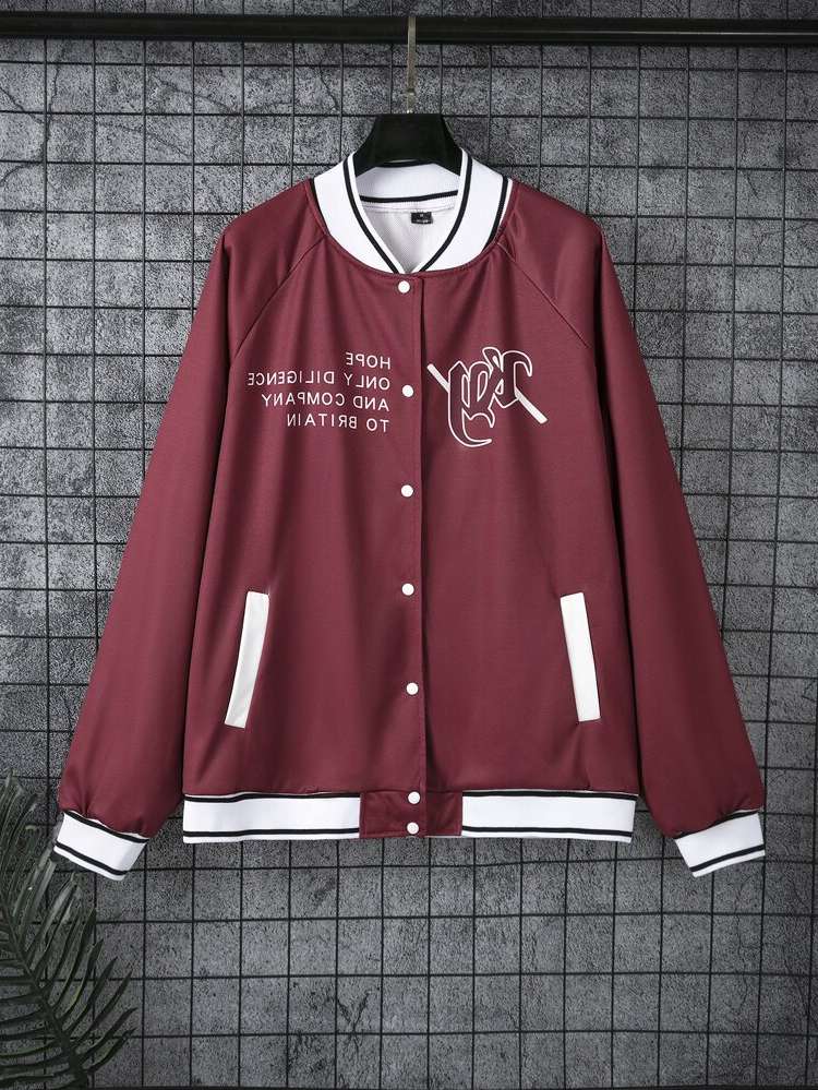 Letter Baseball Collar Regular Button Front Men Jackets 907