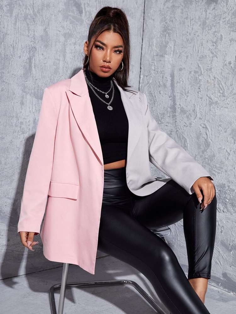 Colorblock Long Sleeve Plus Size Blazers 8701