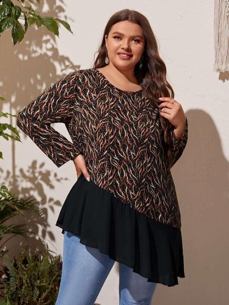 Multicolor  Round Neck Plus Size Tops 5945