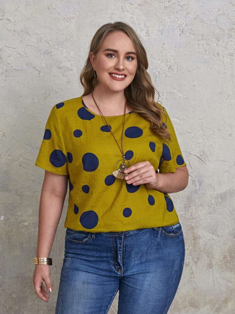 Round Neck Regular Multicolor Polka Dot Plus Size Tops 2153